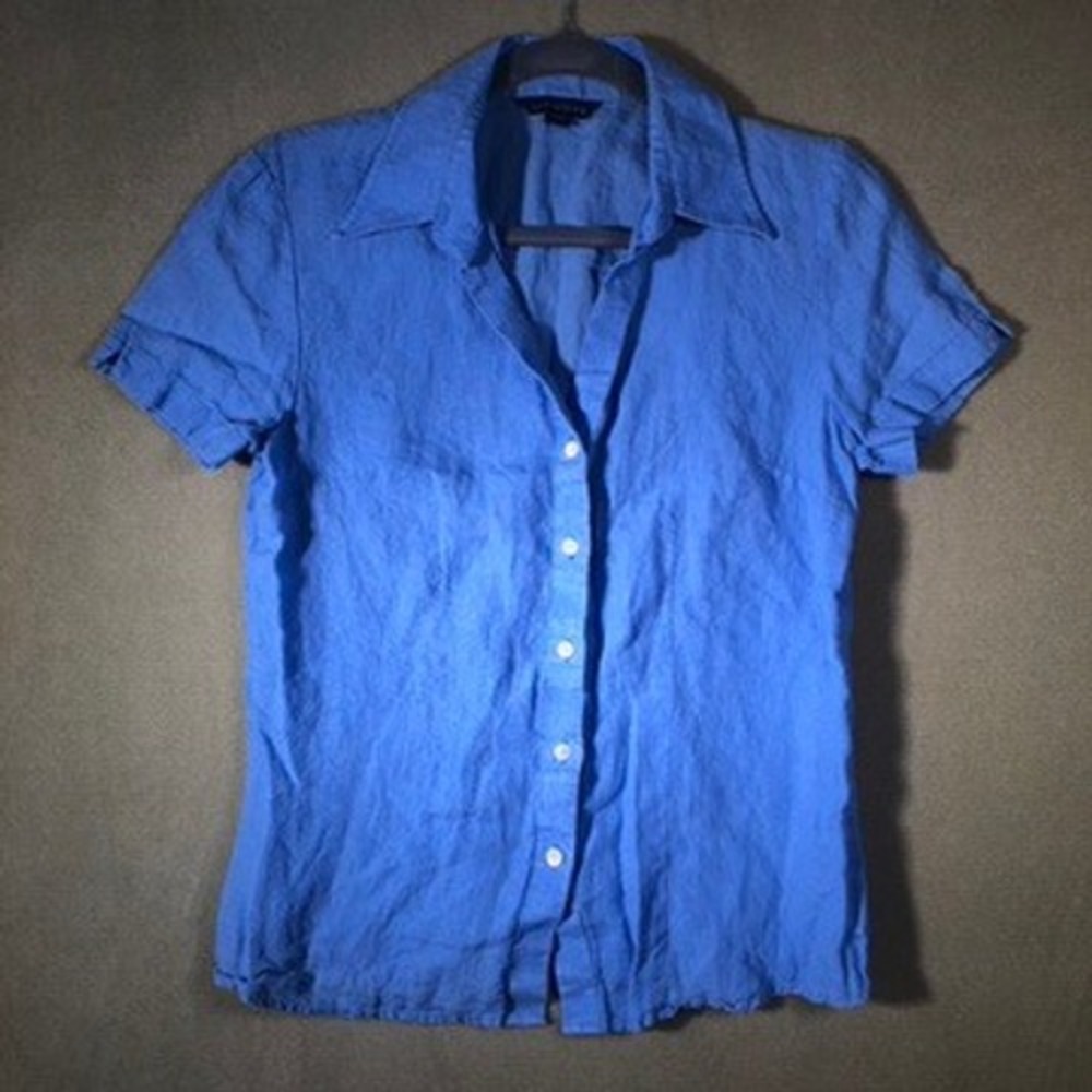 Lands' End Button Up Shirt Women Size 6 Blue 100% Linen Short Sleeve Ruffle Cuff